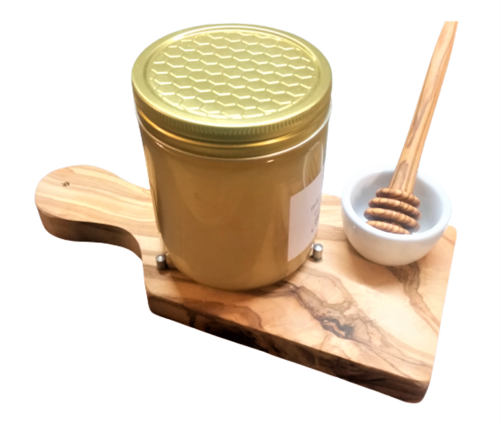Servierbrett "All You Need" für Honig aus Olivenholz inkl. Honigheber und Porzellanschale