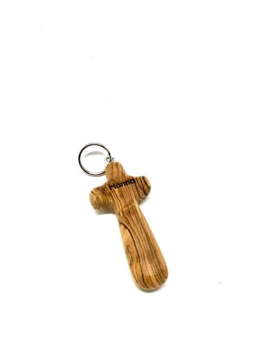 Schlüsselanhänger Kreuz aus Olivenholz mit Gravur